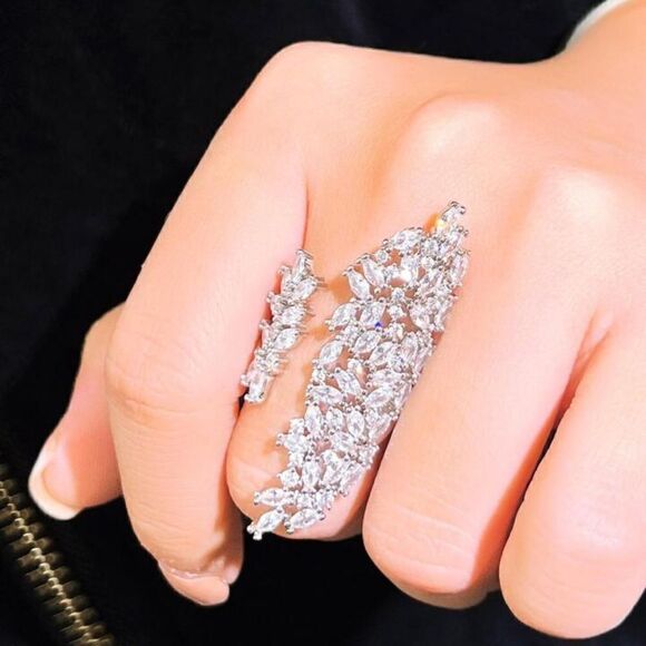 Luxury Cubic Zirconia Cuff Statement Luxury Adjustable Glamorous long Ring - Picture 1 of 16